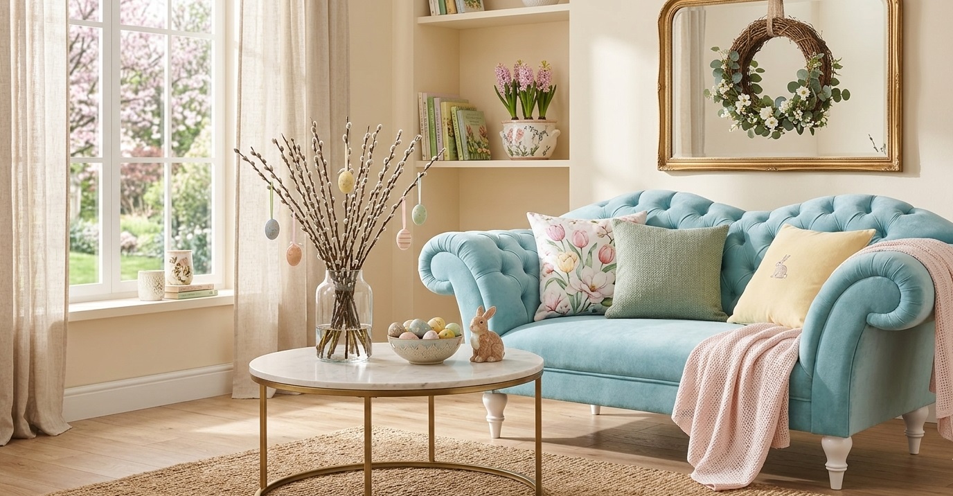 przytulny salon z wielkanocną dekoracją i sofą